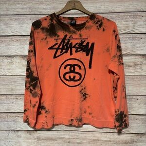 Stussy Brown and Orange Tie-Dye Crewneck XLarge